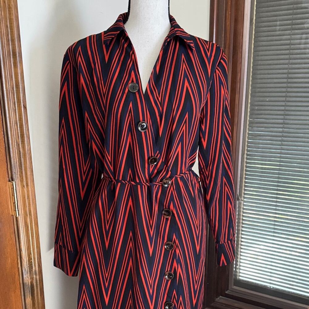 Top Shop | Blue and Red Chevron Button Front Midi Dress Size 6 - Picture 9 of 13